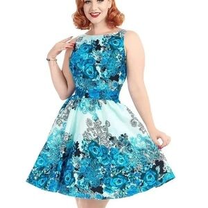 Lady Vintage Tea Dress Teal Collage UK 10 US 6 Q2